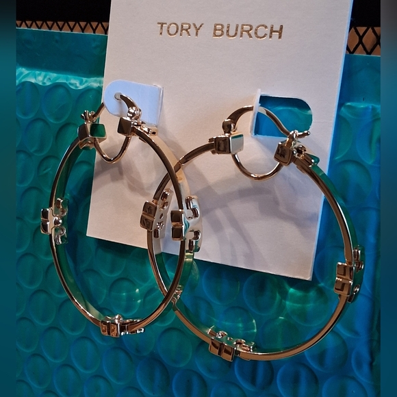 Tory Burch Jewelry - Tory Burch Gold Hoop Earrings With Logo Accents NWT